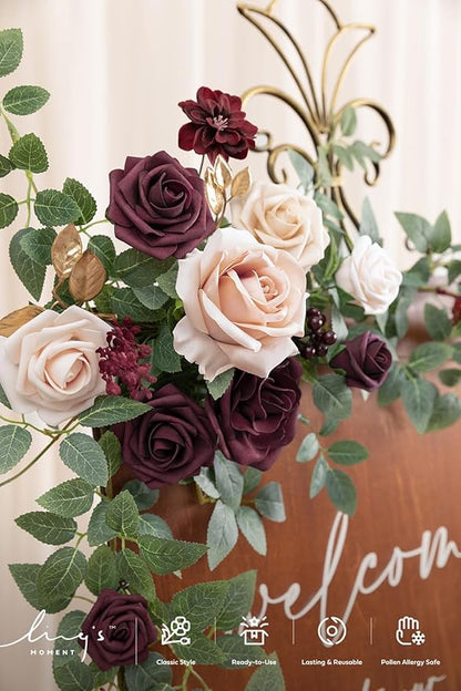 Ling's Moment 2pcs Wedding Flowers Garland Artificial Floral Swag Arch Decorations Rose Greenery Arrangements Marsala Blush Ceremony Reception Garden Easel Wall Entryway Outdoor board(NOT Include Sign