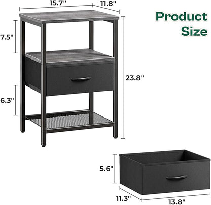 Huuger Nightstand Set of 2, Night Stand with Fabric Drawer, Mesh Shelf, Side Table with Storage, Fabric Drawer Dresser, Open Shelf, Metal Frame, Bedroom, Charcoal Gray