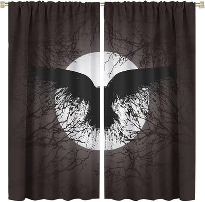 Cool Raven Print Curtains - Vintage Nordic Viking Theme Dead Tree Crow Full Moon Thermal Insulated Blackout Curtains - Rod Pocket Window Treatment Drapes for Bedroom 2 Panels 63L x 31.5W