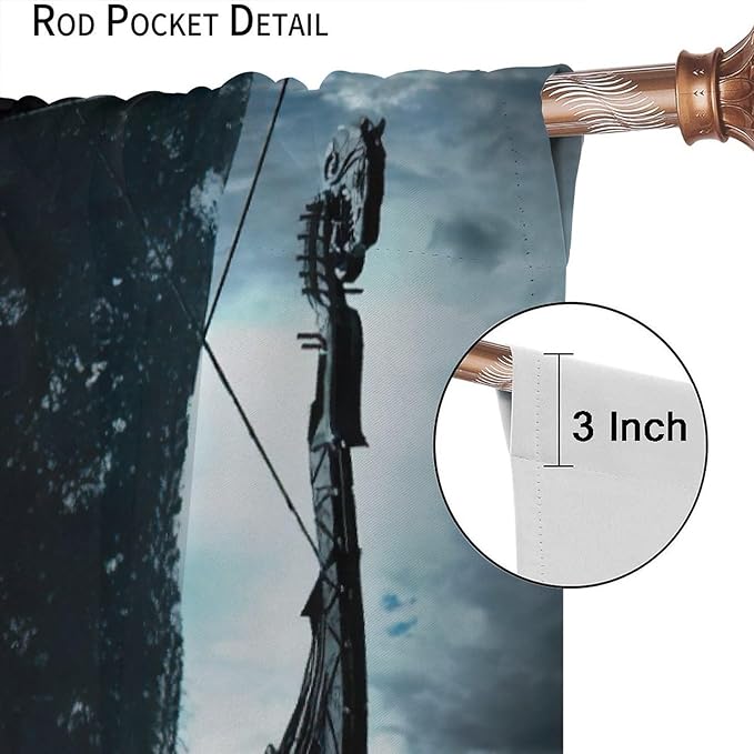 Viking Ship Curtains, Night Scene with Black Vikings Dragon Ship Sailing, Vintage Ancient Scandinavian Nautical Print Blackout Window Drapes for Boys Bedroom Living Room 72x63in