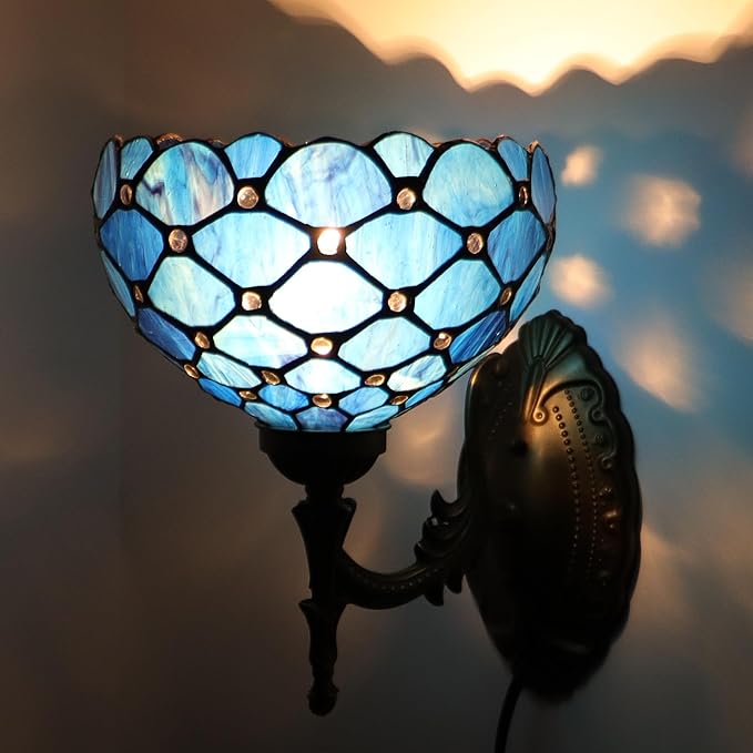 Tiffany Sconce Lamp Stained Glass Wall Lamp,8X10.5X11 Inch Plug in Wall Bedside Light for Hallway Bedroom (Blue Beads)