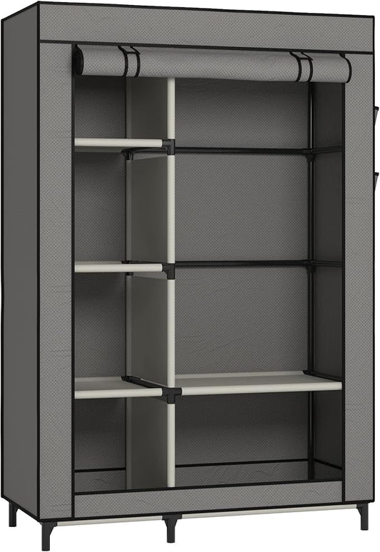 Buzowruil Portable Closet Wardrobe - 6-Shelf Storage with Hanging Rail, Non-Woven Fabric, Dust-Resistant, Easy Assembly, Space-Saving Design, Grey
