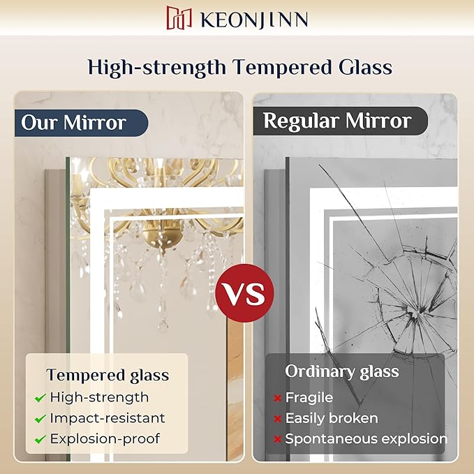 Keonjinn Led Bathroom Mirror with Lights, 36" x 36" Frontlit and Backlight, Stepless 3 Colors Temperature & Dimmable Wall Mirror, UL Listed LED Driver, Double LED Strips Tempered Glass Lighted Mirror