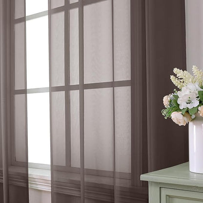 Aiyufeng Chocolate Sheer Curtains 54 Inches Long 2 Panels, Solid Voile Top Dual Rod Pockets Stylish Breathable Drapes Window Treatment for Kid's Room/Bedroom/Living Room, 42W x 54L, Chocolate Brown