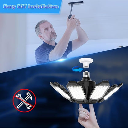 Garage Lights - Super Bright 25000LM Garage Lights Ceiling Led w/ 8 Deformable Panels 6500K Led Light Bulb Srew in E26/E27 Socket with Adjustable Center Spotlight for Barn Workshop Attic