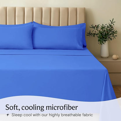 LuxClub 4 PC Sheet Set Bed Sheets Deep Pockets 16" Eco Friendly Wrinkle Free Cooling Machine Washable Hotel Bedding Silky Soft - Marine Blue Queen