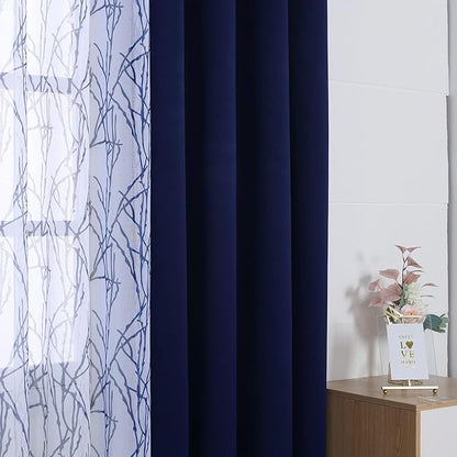 BONZER Mix and Match Curtains - 2 Pieces Branch Print Sheer Curtains and 2 Pieces Blackout Curtains for Bedroom Living Room Grommet Window Drapes, 54x84 Inch/Panel, Indigo, Set of 4 Panels