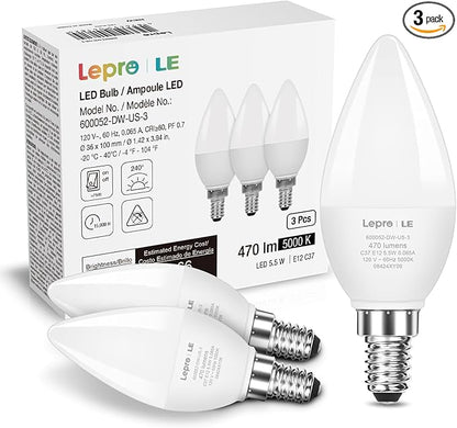 Lepro E12 LED Candelabra Light Bulbs, 5000 Kelvin Daylight White 5.5 watt, 40 watt Equivalent B11 C37 Ceiling Fan Bulb Chandelier Bulbs, Type B Small Base Candle Lights, Plastic, Not-dimmable, 3-Pack