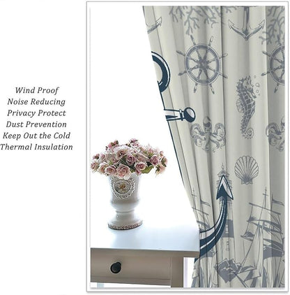 Nautical Anchor Curtains, Vintage Sailboat Ocean Coastal Lighthouse Window Drapes, Navy Blue Coral Shell Seahorse Beach Print Blackout Window Treatments for Living Room Bedroom 52x84in