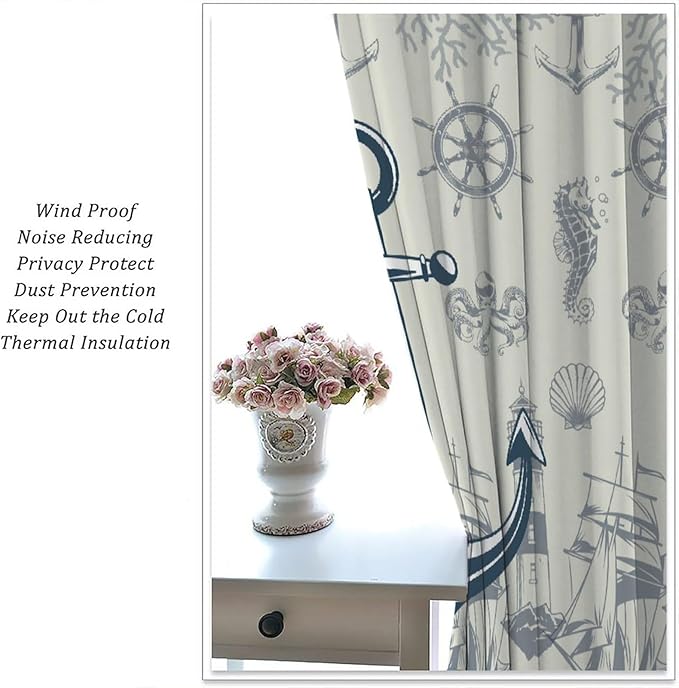 Nautical Anchor Curtains, Vintage Sailboat Ocean Coastal Lighthouse Window Drapes, Navy Blue Coral Shell Seahorse Beach Print Blackout Window Treatments for Living Room Bedroom 42x45 Inch