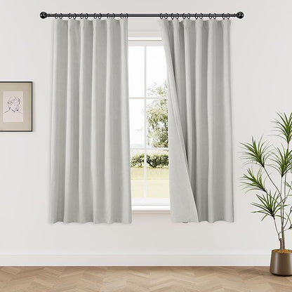 KangBang Light Grey Blackout Curtains 63 Inches Long for Kitchen, Thermal Insulated Linen Textured Curtains, Back Tab Loop Pocket Pleated Rustic Scandinavian Window Curtains 2 Panels,52x63 Inch