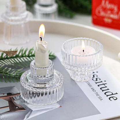 Clear Candlestick Holders 12PCS Ribbed Glass Taper Candle Holders for Tealight Stick Candles Table Centerpieces Thanksgiving Christmas Indoor and Outdoor Decorations