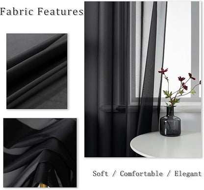 DUALIFE 96 Inches Length Curtains for Living Room Set of 2 Panels Grommet Look Semi Transparent Thin Black Sheer Curtains for Bedroom Backdrop (52" W x 96" L, Black)