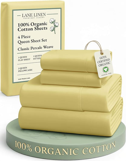 LANE LINEN Eco Friendly 100% Organic Cotton Bed Sheets Queen Size, Soft & Comfy Naturally Cooling Percale Weave, Low Pill Fade Resistanct Breathable 15" Deep Pocket Bedding- Cocoon