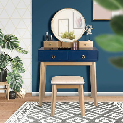 CHARMAID Vanity Desk with Lights, Navy Blue Makeup Vanity Desk with 3-Color Lighted Mirror, 4 Drawers, Cushioned Stool, Modern Bedroom Makeup Dressing Table for Small Place