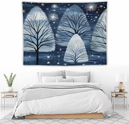 Tapestry Trendy Blue Silver Glitter Tree Christmas Tapestries for Bedroom Aesthetic Christmas Tapestry As Wall Art Wall Hanging for Living Room Dorm Landscape 60"x80" Christmas Family Party