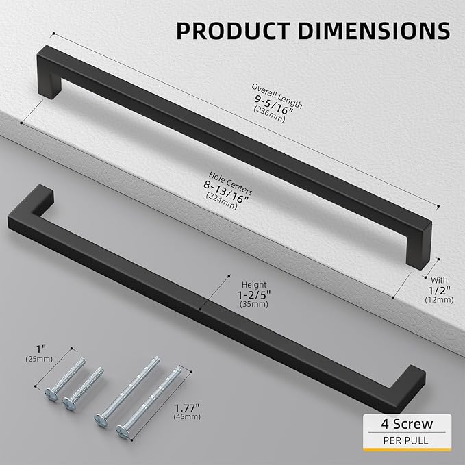 Goldenwarm 10 Pack Black Square Bar Cabinet Pull Drawer Handle Stainless Steel Modern Hardware for Kitchen and Bathroom Cabinets Cupboard,Center to Center 8-4/5in(224mm)
