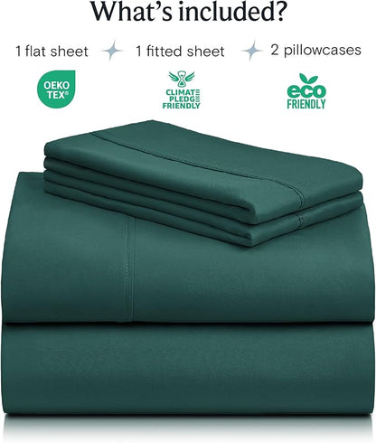 LuxClub 4 PC Queen Sheet Set, Deep Pockets Wrinkle Free Cooling Bed Sheets Hotel Bedding for Women, Men, Kids & Teens, Includes 1 Fitted Sheet, 1 Flat Sheet and 2 Pillowcases - Silky Soft Emerald