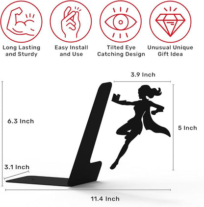 Stylish Metal Bookend in Black - Book Holder for Any Angle, Shelf, Desk, Desk - Decorative Book Organiser Book Holder - The Coolest Gift Idea (Supergal)