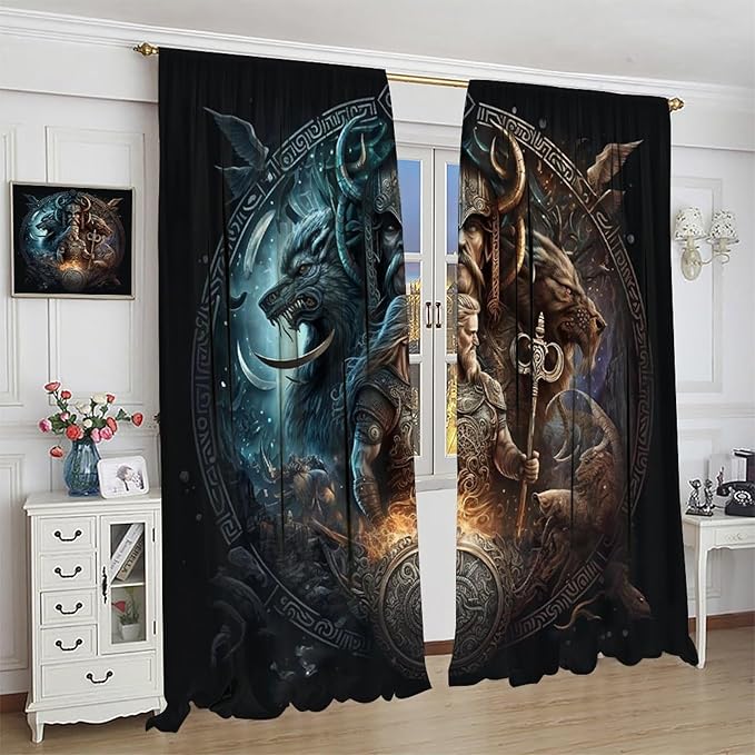 Cool Norse Viking Theme Curtains - Fantasy Ancient Symbols Wildlife Wolf Nordic Vikings Window Drapes,Energy Saving Thermal Insulated Rod Pocket Bedroom Blackout Curtains 2 Panels 84L x 26W