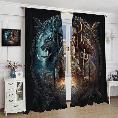 Cool Norse Viking Theme Curtains - Fantasy Ancient Symbols Wildlife Wolf Nordic Vikings Window Drapes,Energy Saving Thermal Insulated Rod Pocket Bedroom Blackout Curtains 2 Panels 54L x 21W