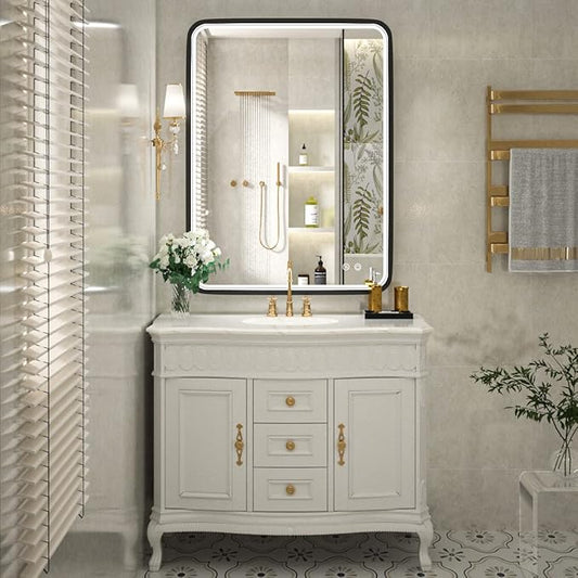 36x28 Inch LED Bathroom Mirror with Light,Black Metal Frame Lighted Vanity Mirror, Anti Fog Design&Dimmable&Touch Switch,Large Wall Mounted Makeup Mirror (Horizontal/Vertical)