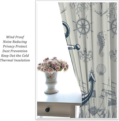 Nautical Anchor Curtains, Vintage Sailboat Ocean Coastal Lighthouse Window Drapes, Navy Blue Coral Shell Seahorse Beach Print Blackout Window Treatments for Living Room Bedroom 63x72in