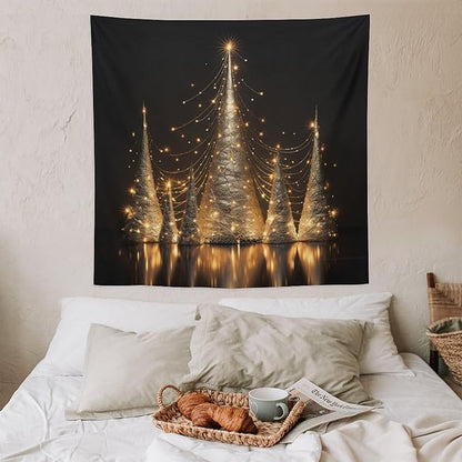 MaSiledy Silver Lighted Christmas Trees Wall Tapestry Happy New Year Vintage Aesthetic Tapestry Wall Hanging Landscape Tapestry Wall Art for Bedroom Wall Hanging for Room 60"x60"