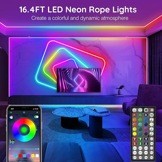 AILBTON 16.4Ft Neon Rope Lights,Flexible Led Rope Lights Control with App/Remote,Multiple Modes Rope Lights,IP65 Outdoor RGB Led Neons Lights,Music Sync Gaming Led Neon Light Strip for Bedroom Decor