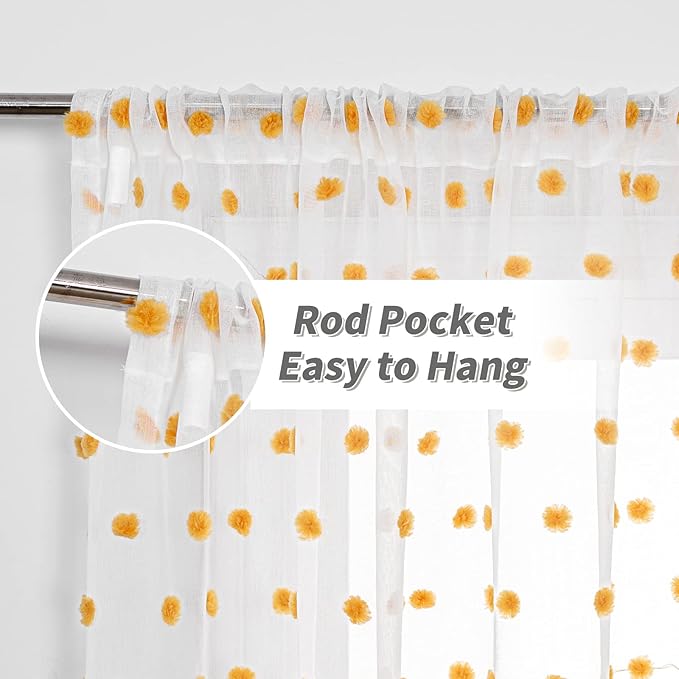 MYSKY HOME Large Pom Pom White Sheer Curtains for Living Room - 108 Inch Burnt Orange - Extra Long Light Filtering Rod Pocket Window Panels - 52 x 108 inch - 2 Pieces