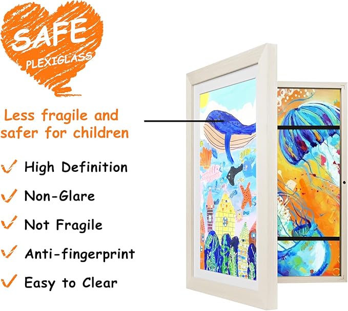 KINLINK A4 Kids Art Frames Set of 2, Solid Wood Kids Artwork Frames Changeable with Acrylic Front Opening Holds 150 Pictures 8.3x11.7, Art Frame for Kids Artwork with Mat or without Mat, White Wood