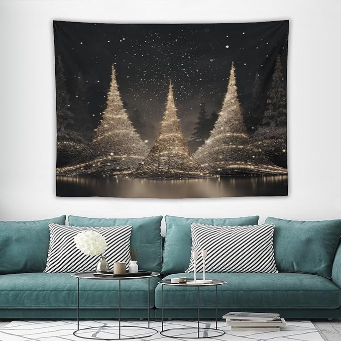 Tapestry Silver Lighted Christmas Trees Tapestries for Bedroom Winter Holiday Wall Tapestry Wall Hanging for Bedroom Living Room Dorm Decor Landscape 60"x80" Tapestries Winter Snowflake Decorative