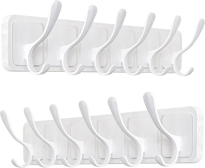 SKOLOO Coat Rack Wall Mount - Scandi-Style Wooden Carved-Block Coat Hook,Pack of 2, Wall Coat Hanger with 6 Hooks for Hanging Coats, Hats, Clothing, Scarfs, White