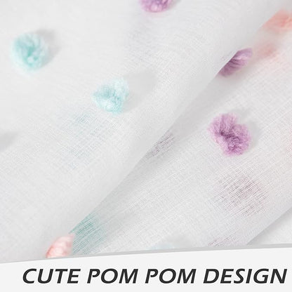 MYSKY HOME Pom Pom Sheer Curtains for Girls' Bedroom and Nursery - Rainbow 72 Inch Long Door Curtains with Rod Pocket - Semi-Transparent, Light Filtering - 52 x 72 Inch, 2 Panels