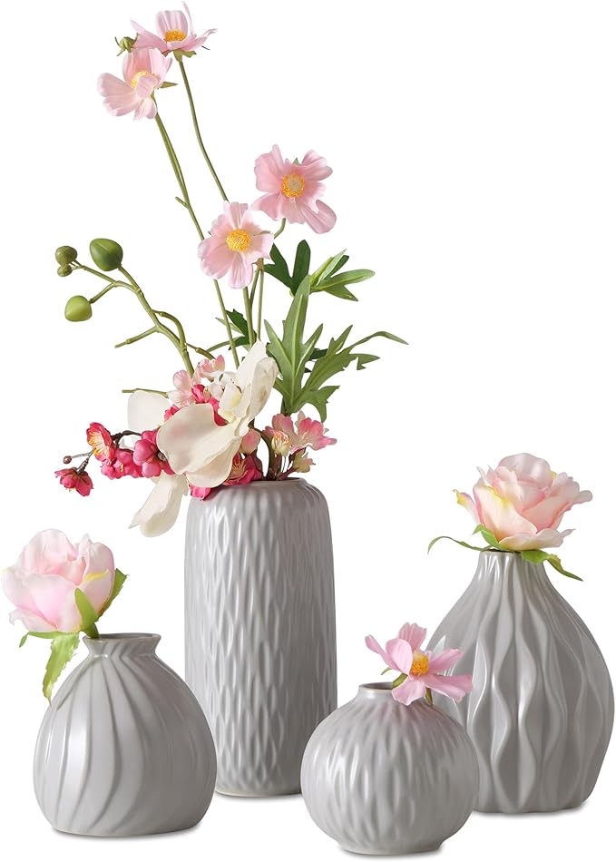 Iconic Scandi Vase 4 Piece Set, Pearly Grey, Glazed, Water-Tight, Porcelain, 3-7.75 Inches