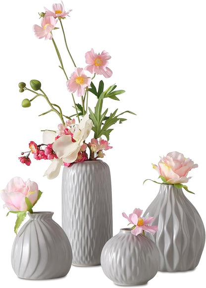 Iconic Scandi Vase 4 Piece Set, Pearly Grey, Glazed, Water-Tight, Porcelain, 3-7.75 Inches