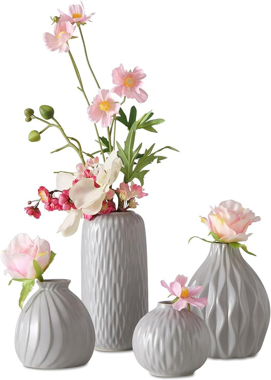 Iconic Scandi Vase 4 Piece Set, Pearly Grey, Glazed, Water-Tight, Porcelain, 3-7.75 Inches