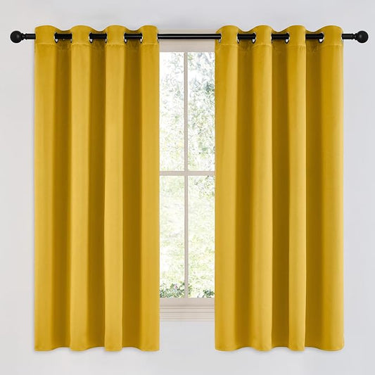 NICETOWN Room Darkening Gold Curtains 63 inch Length 2 Panels - Grommet Top Sound Reduction Privacy Faux Silk Satin Thermal Drapes for Bedroom/Living Room, W52 x L63
