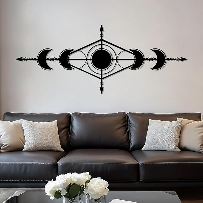 Hfrolixit Moon Phase Metal Wall Decor, Boho Moon Metal Wall Art, Celestial Wall Decor, Scandinavian Natural Wall Art, Astrology Wall Hanging (Black, 59"x24"/150x60cm)