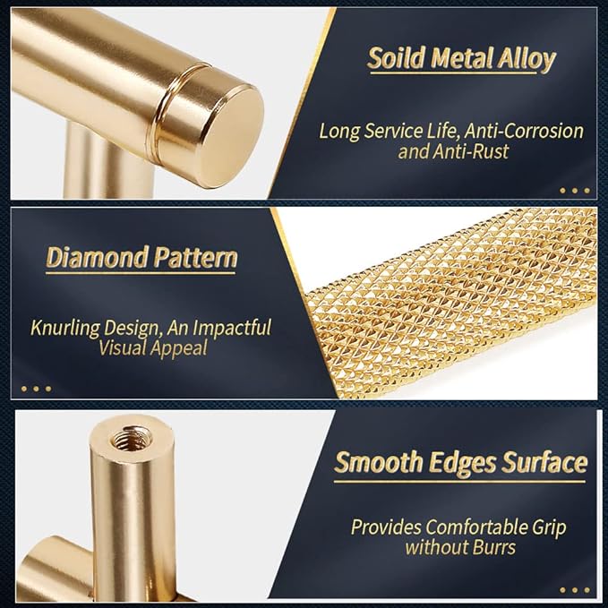 Knurled Cabinet Pulls 12 Pack, 16 Inch Long Cabinet Handles Metal Door Pulls, Kitchen Drawer Pull Knurled Dresser Handles - 10" Hole to Hole, Golden