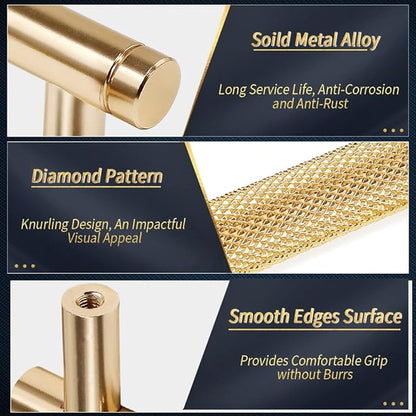 Knurled Cabinet Pulls 12 Pack, 3.5 Inch Long Cabinet Handles Metal Door Pulls, Kitchen Drawer Pull Knurled Dresser Handles - 2 1/2" Hole to Hole, Golden