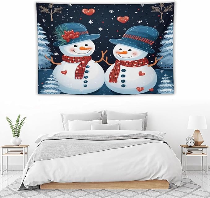MaSiledy Snowman Couple Tapestries Christmas Cute Snowman Tapestries for Bedroom Landscape Tapestry Home Decoration for Living Room Bedroom 60"x90" Holiday Scene Banner for Winter Christmas Party