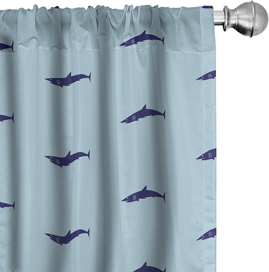 Ambesonne Shark Curtains, Ocean Life Pattern in Blue Shades Wildlife Under The Sea Saltwater Fauna, Window Treatments 2 Panel Set for Living Room Bedroom, Pair of - 28" x 84", Blue Navy