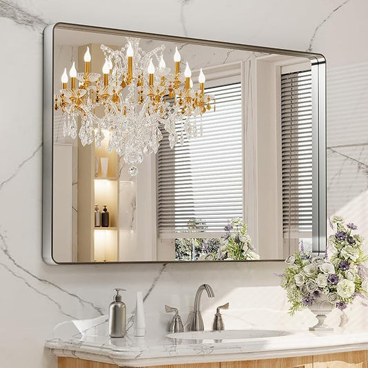 LOAAO 48X30 Inch Brushed Nickel Bathroom Mirror, Rounded Rectangle Silver Metal Frame Mirror, Brushed Nickel, Anti-Rust, Shatter Proof, Hangs Horizontally or Vertically