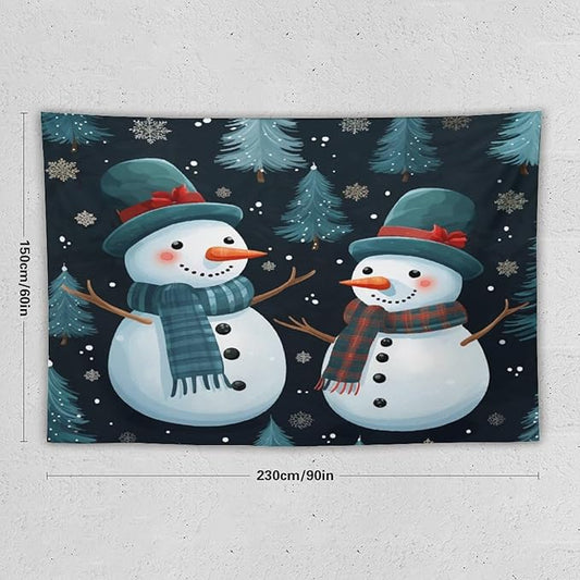 Wall Tapestry Snowman Couple Tapestry Hello Winter Snowman Aesthetic Bedroom Tapestries for Bedroom Colorful Wall Hanging Aesthetic Wall Art For Room Decor 60"x90" Christmas Family Party