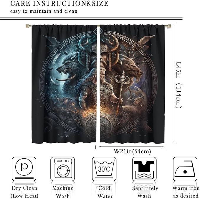 Cool Norse Viking Theme Blackout Curtains for Living Room,Fantasy Ancient Symbols Wildlife Wolf Nordic Vikings Rod Pocket Thermal Insulated Room Darkening Curtains 2 Panels 45L x 21W