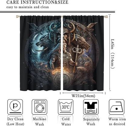 Cool Norse Viking Theme Blackout Curtains for Living Room,Fantasy Ancient Symbols Wildlife Wolf Nordic Vikings Rod Pocket Thermal Insulated Room Darkening Curtains 2 Panels 45L x 21W