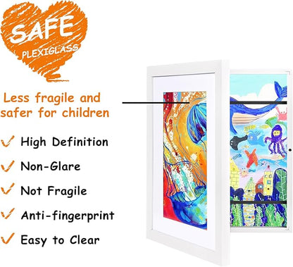 KINLINK 9x12 Kids Art Frames Set of 2, Solid Wood Kids Artwork Frames Changeable with Acrylic Front Opening Holds 150 Pictures, Art Frame for Kids Artwork with Mat or without Mat, White