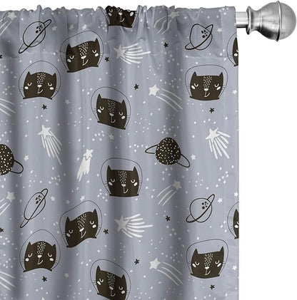 Ambesonne Outer Space Window Curtains, Astronaut Cats Exploring The Universe on Dotted Background, Lightweight Decor 2-Panel Set with Rod Pocket, Pair of - 28" x 84", Purple Grey