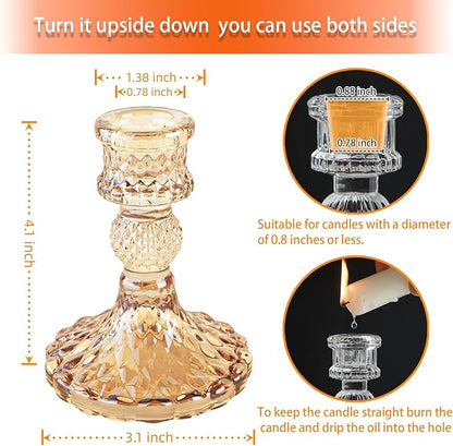 Glass Candlestick Holder,Striped Taper Candle Holders,Set of 6 Candle Stand for Table Centerpieces, Home Decor,Weddings,Festival and Parties (Amber Dimond Pattern)